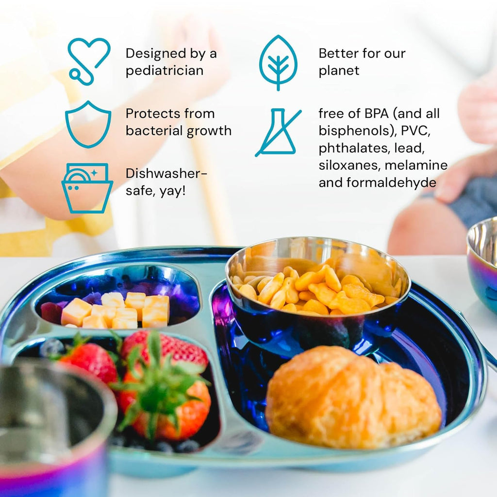 Ahimsa Stainless Steel Plates for Kids - Divided Plates for Toddlers, Pediatrician Designed, Non Toxic Toddler Plate, BPA Free & Dishwasher Safe (Blue Set of 4)