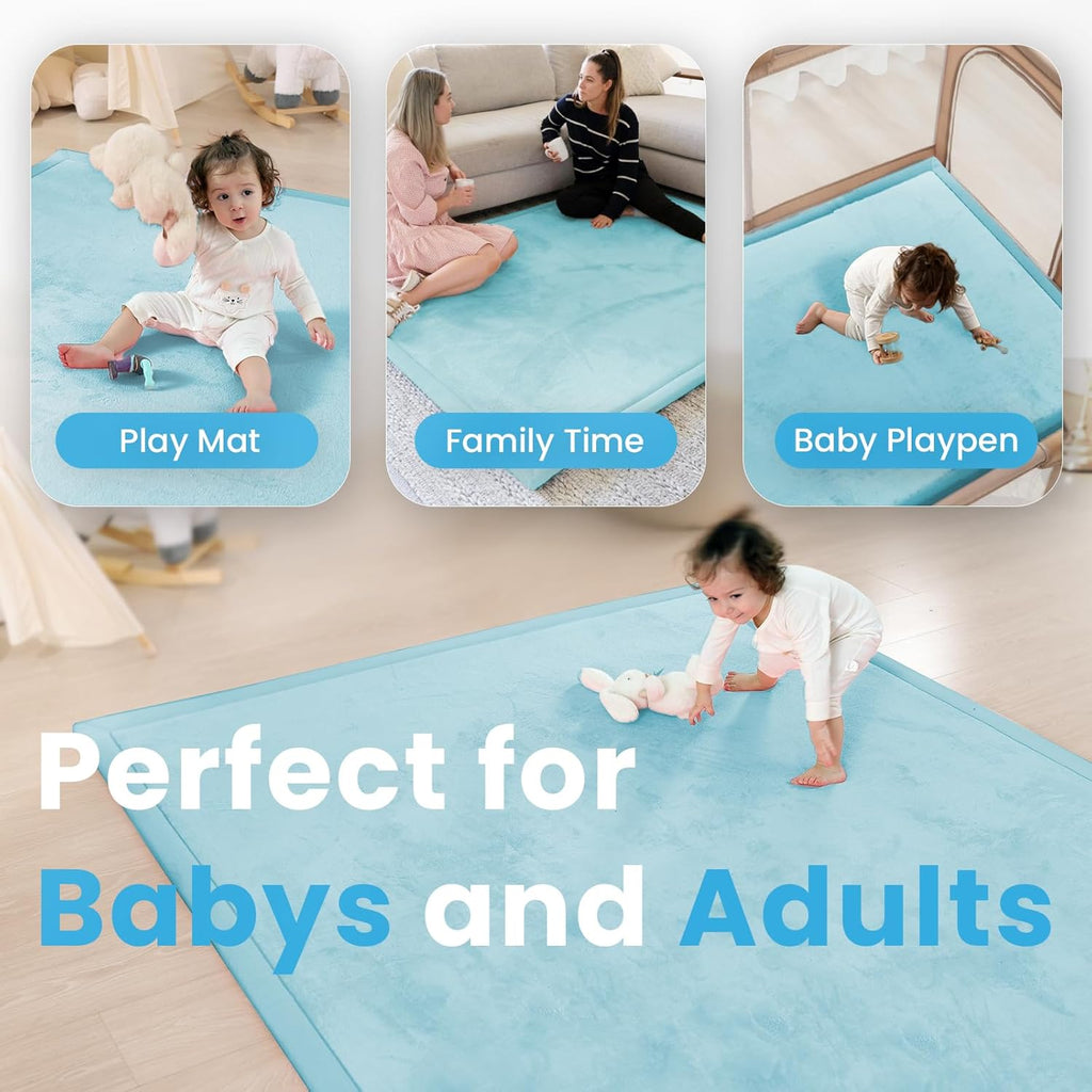 1.3" Thick Baby Play Mat,Ultra Soft Elasti-Foam 50×50 Playpen Mat for Tummy Time,Water-Repellent Coral Fleece Nursery Rug for Infants,Toddlers,Kids,Non-Slip Safe for Crawling(Ice Blue)