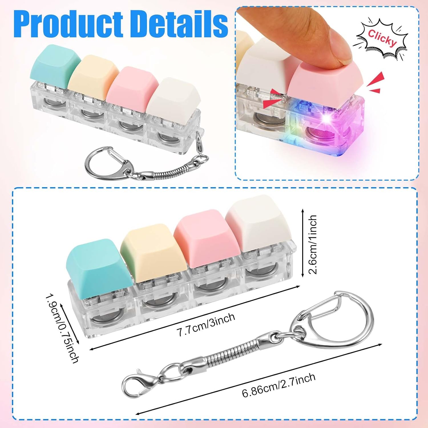 Keyboard Fidget Toy for Adults, Fidget Keyboard Keychain with LED Light Keyboard Fidget Clicker Funny Button Fidget Toy for Decompression Decoration (Color A)