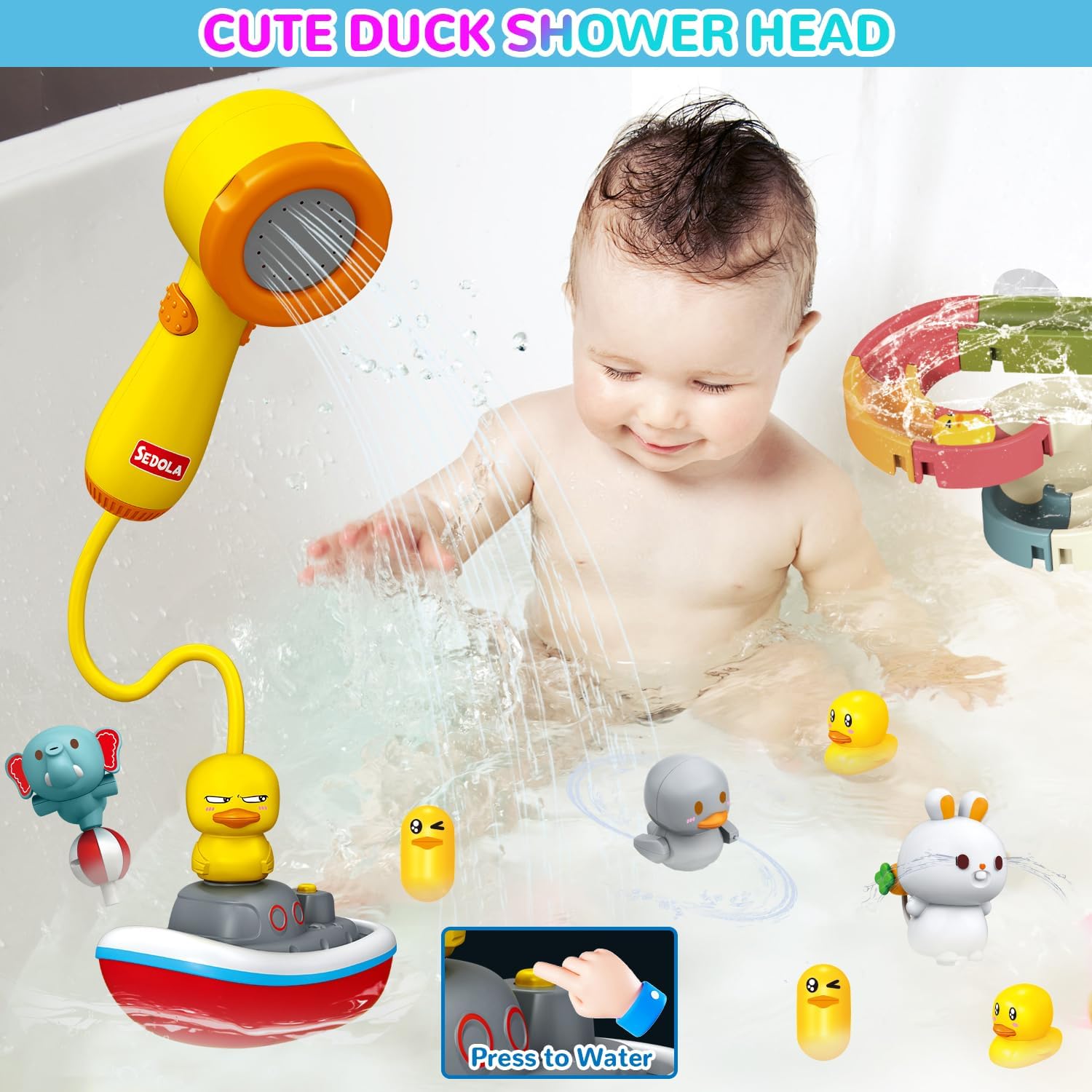 Mostop Toddler Bath Toys for Kids 4-8, Wall Track Buiding Set - Baby Bathtub Toys with Shower Head - Duck Slide Bath Toys - Fun DIY Wall Track Building Set Bathtub Birthday Gift for Boys Girls