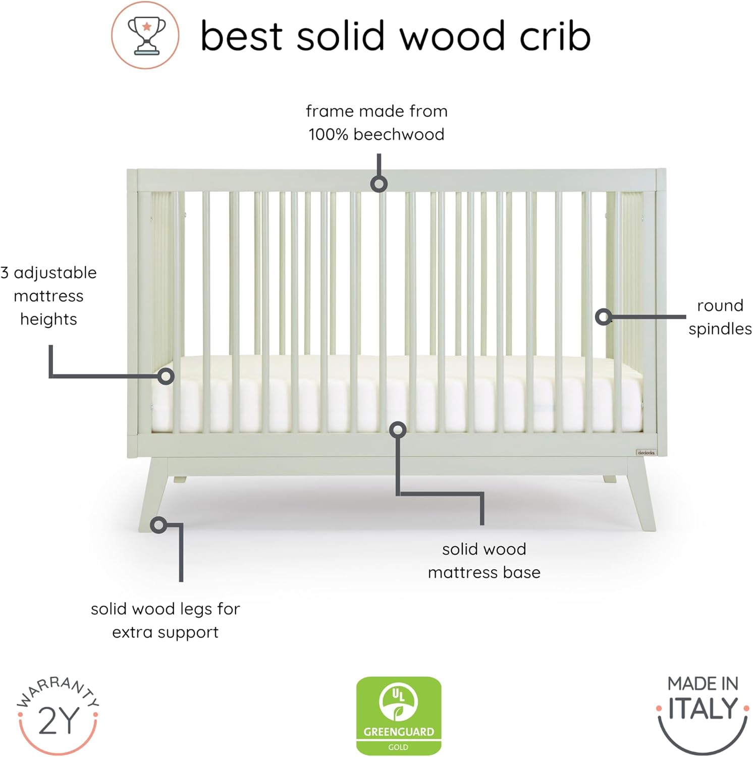 dadada Baby Soho 3-in-1 Convertible Wooden Crib to Toddler Bed - Made in Italy, GREENGUARD Gold Certified, Baby-Safe Finish, Sustainable Beech Wood, Modern Design, 3 Adjustable Heights (Sage)