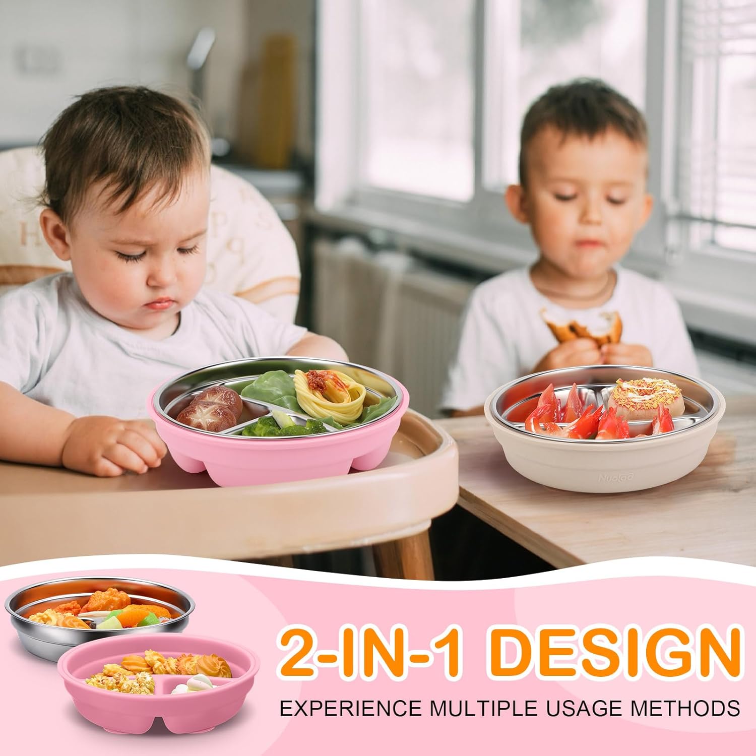 Nuogo 2 Pcs Stainless Steel Baby Suction Plates with Removable Silicone Shell 2-in-1 Metal Toddler Bowl Divided for Picky Eaters Kids Feeding Led Weaning Supplies, Dishwasher Safe (Beige,Pink)