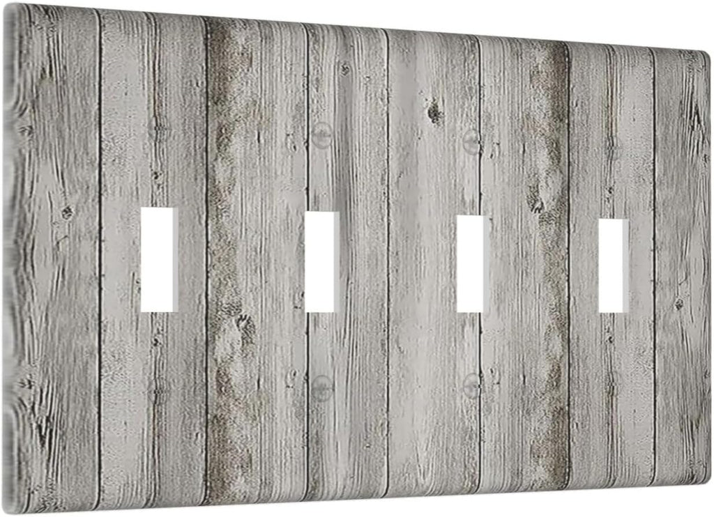 Light Switch Covers Farmhouse Rustic Grey Barn Door Wood Quad Toggle Electrical Faceplate 4 Gang Wall Plate Decorative Switch Plates for Bedroom Cabin Decor