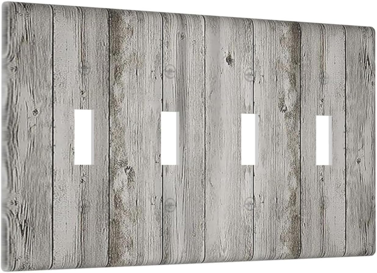 Light Switch Covers Farmhouse Rustic Grey Barn Door Wood Quad Toggle Electrical Faceplate 4 Gang Wall Plate Decorative Switch Plates for Bedroom Cabin Decor