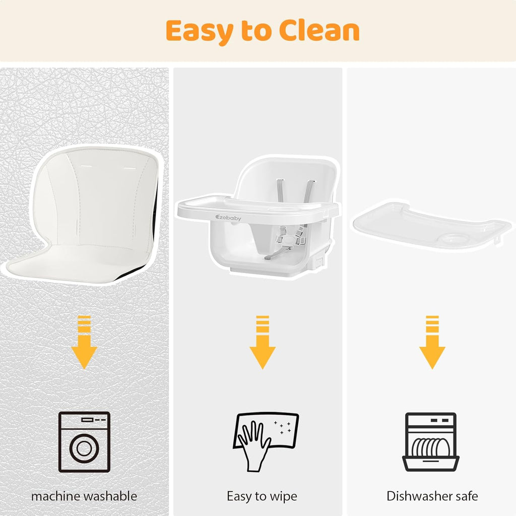 Ezebaby Folding Wooden High Chairs, 3-in-1 Convertible Baby High Chair, Dining Booster Seat, Toddler Chair, Easy Clean High Chairs for Babies and Toddlers with Large Adjustable Tray- Solid White