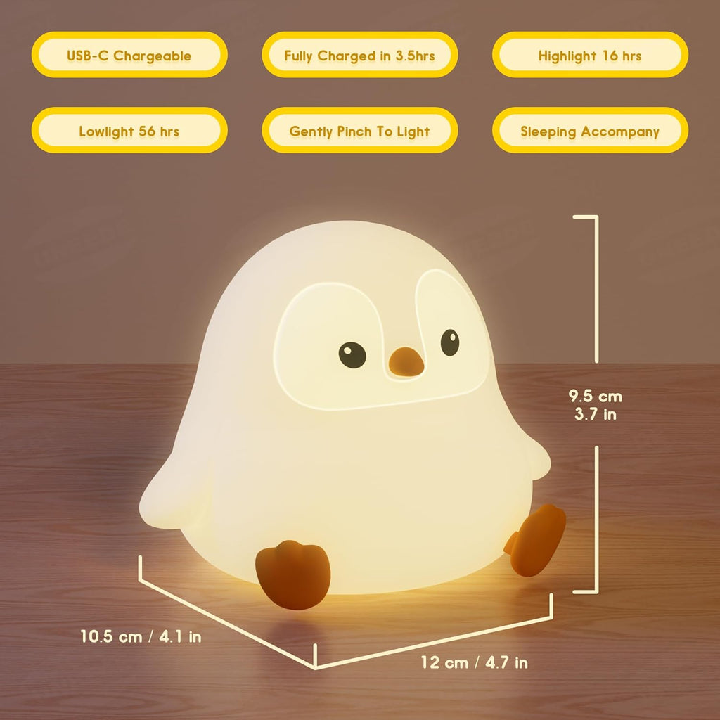 UNEEDE Sitting Penguin Night Light with Removable Floppy Bunny Ears - Silicone Touch Lamp, USB Rechargeable, Dimmable Nursery Light for Kids & Holiday Decor