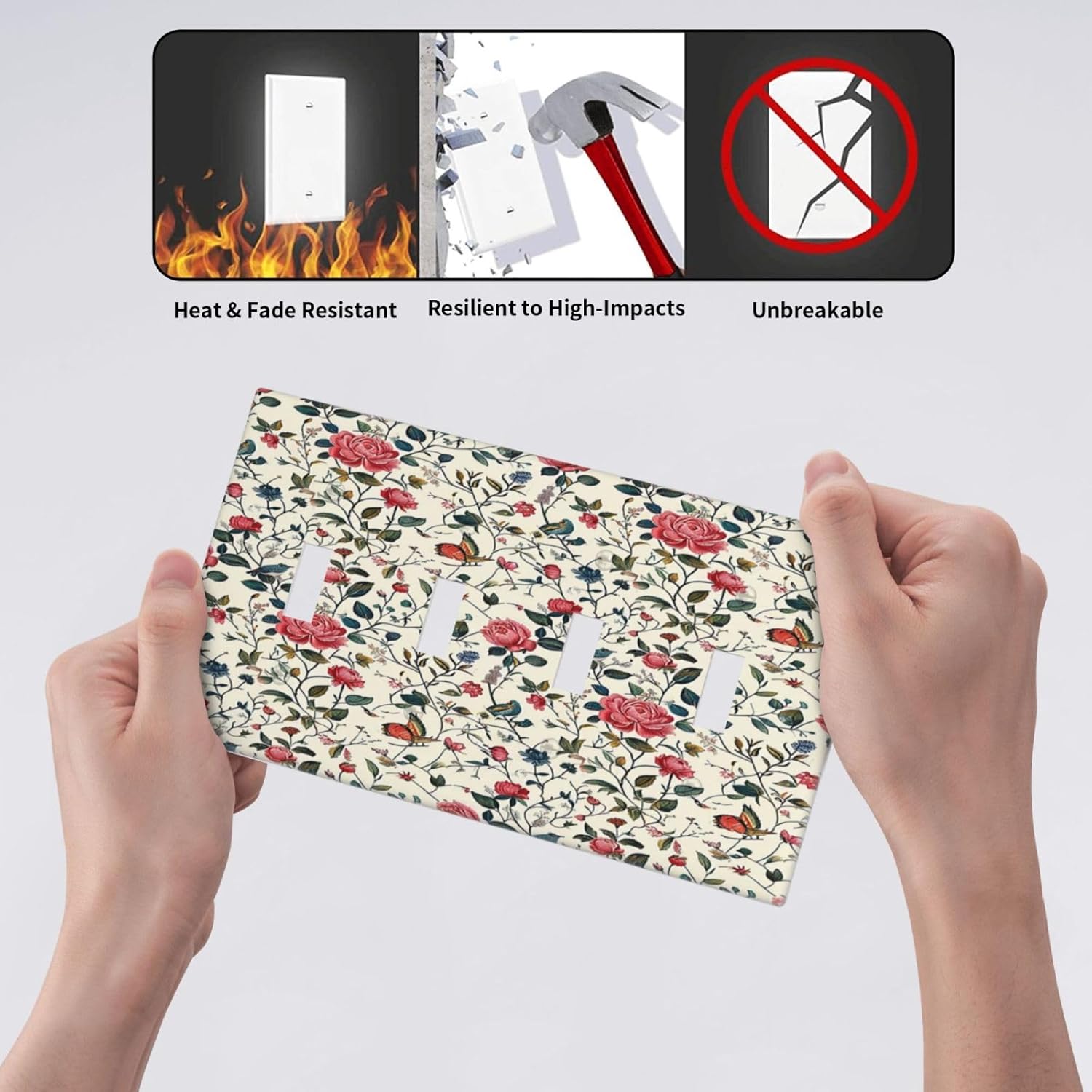 Light Switch Covers Vintage Flowers Rose Leaf Bird Butterfly Quad Toggle Electrical Faceplate 4 Gang Wall Plate Decorative Switch Plates for Bedroom living Room Decor