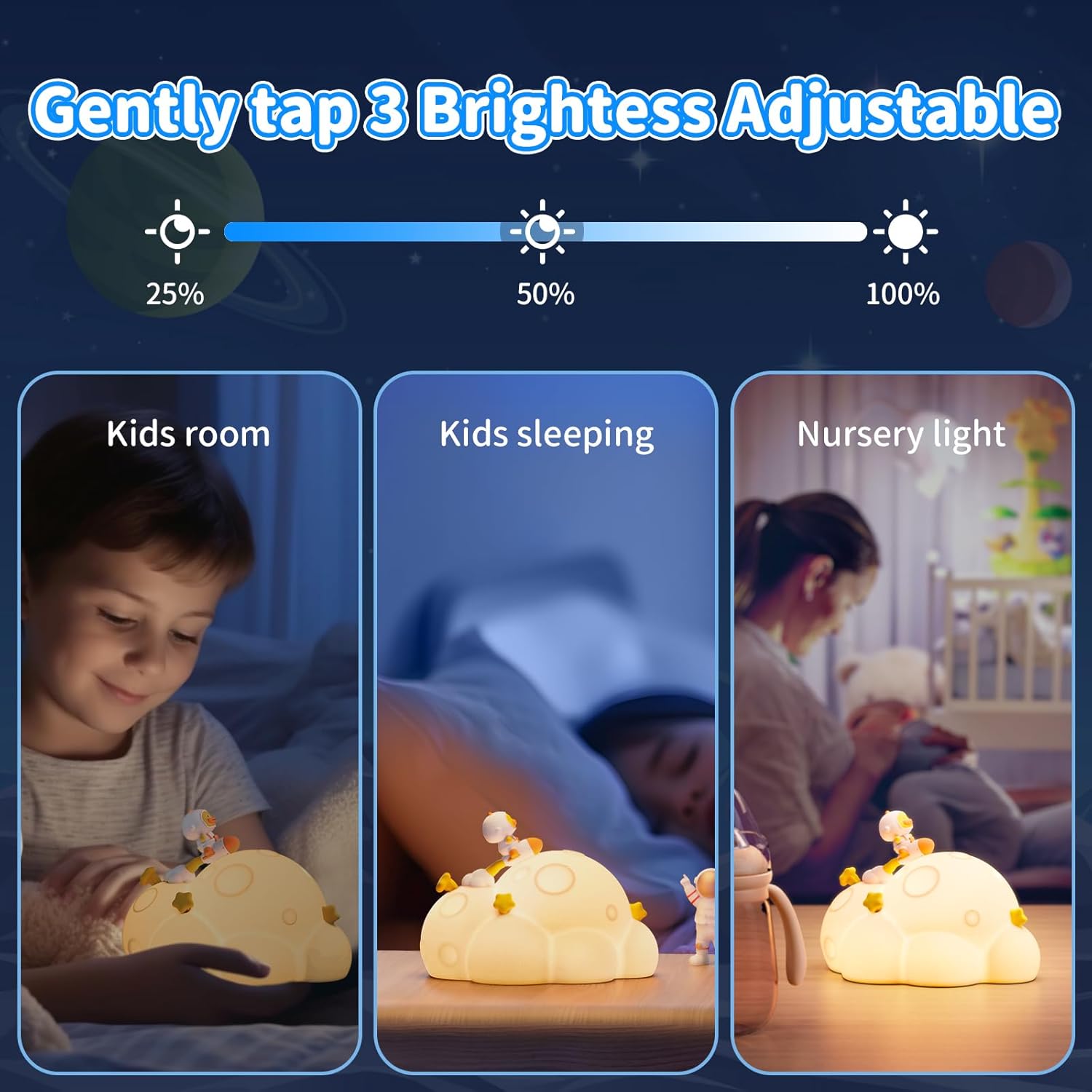 Planet Night Light for Kids, 3 Lightness Auto-Off LED Rechargeable Silicone Squishy Tap Control Beside Lamp, Nursery Night Light for Baby,Gift for Child,Boys and Girls