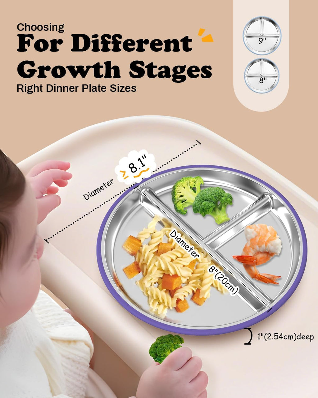 Stainless Steel Toddler Plate with Suction, 8” Divided Plates with Removable Silicone Sleeves for Baby, Non Toxic & BPA Free | Non Slip | Unbreakable Kids Snack Dishes Set of 2, Green & Purple