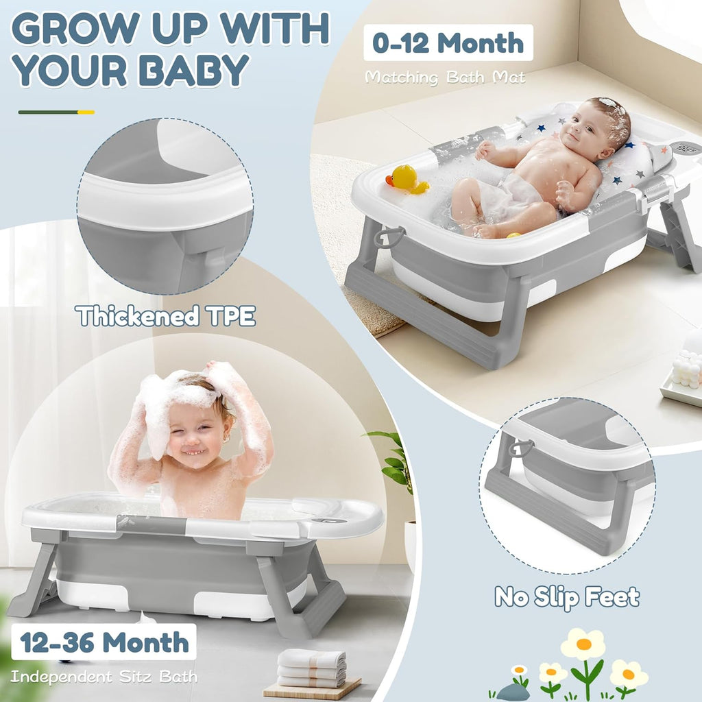 Collapsible Baby Bathtub,Baby Bath Tub with Thermometer & Soft Cushion,Baby Bathtub for Newborn to Toddler 0-36 Months,Portable Travel Baby Tub with No-Slip Feet,Baby Shower Gifts,Grey