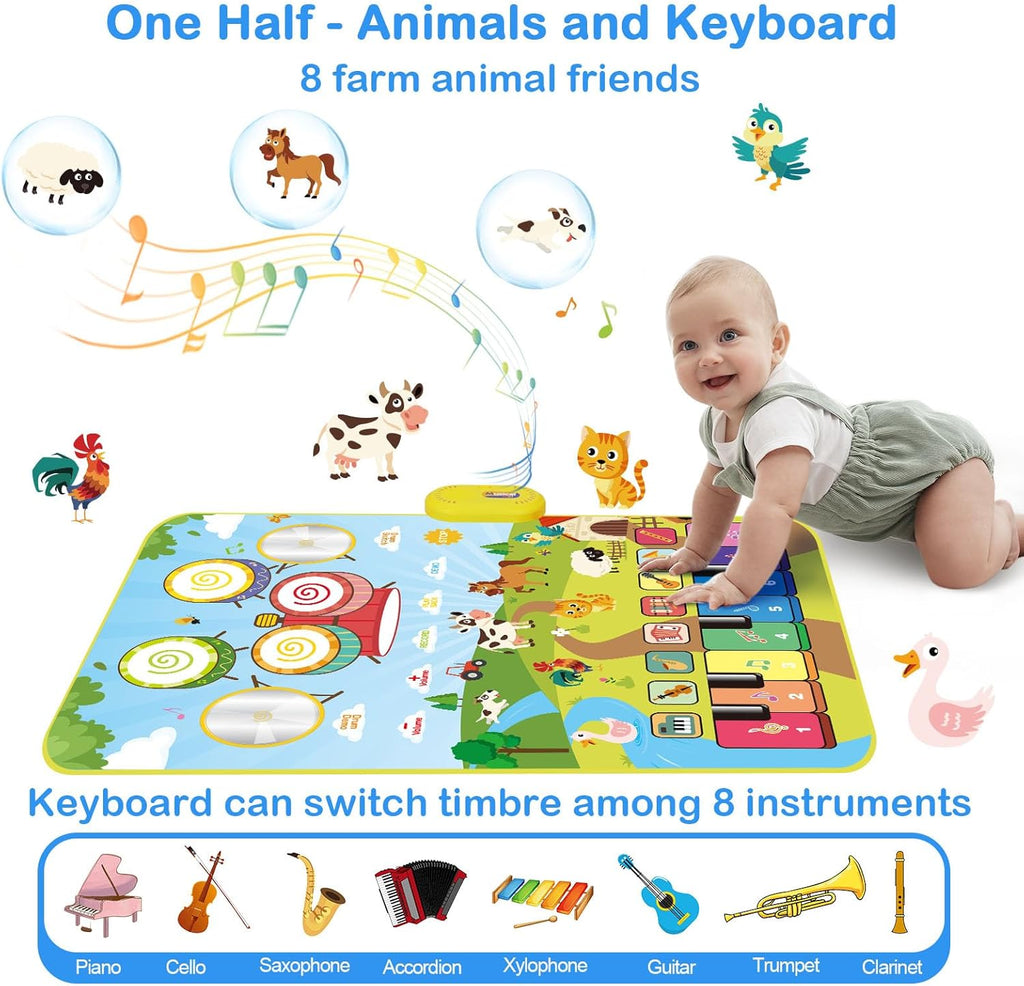 Foki 3-in-1 Musical Mats, Child Floor Piano Drum Animal Music Play Mat Montessori Sensory Early Educational Musical Learning Toys for Baby Girls Boys Birthday Toddlers 1-5 Years Old