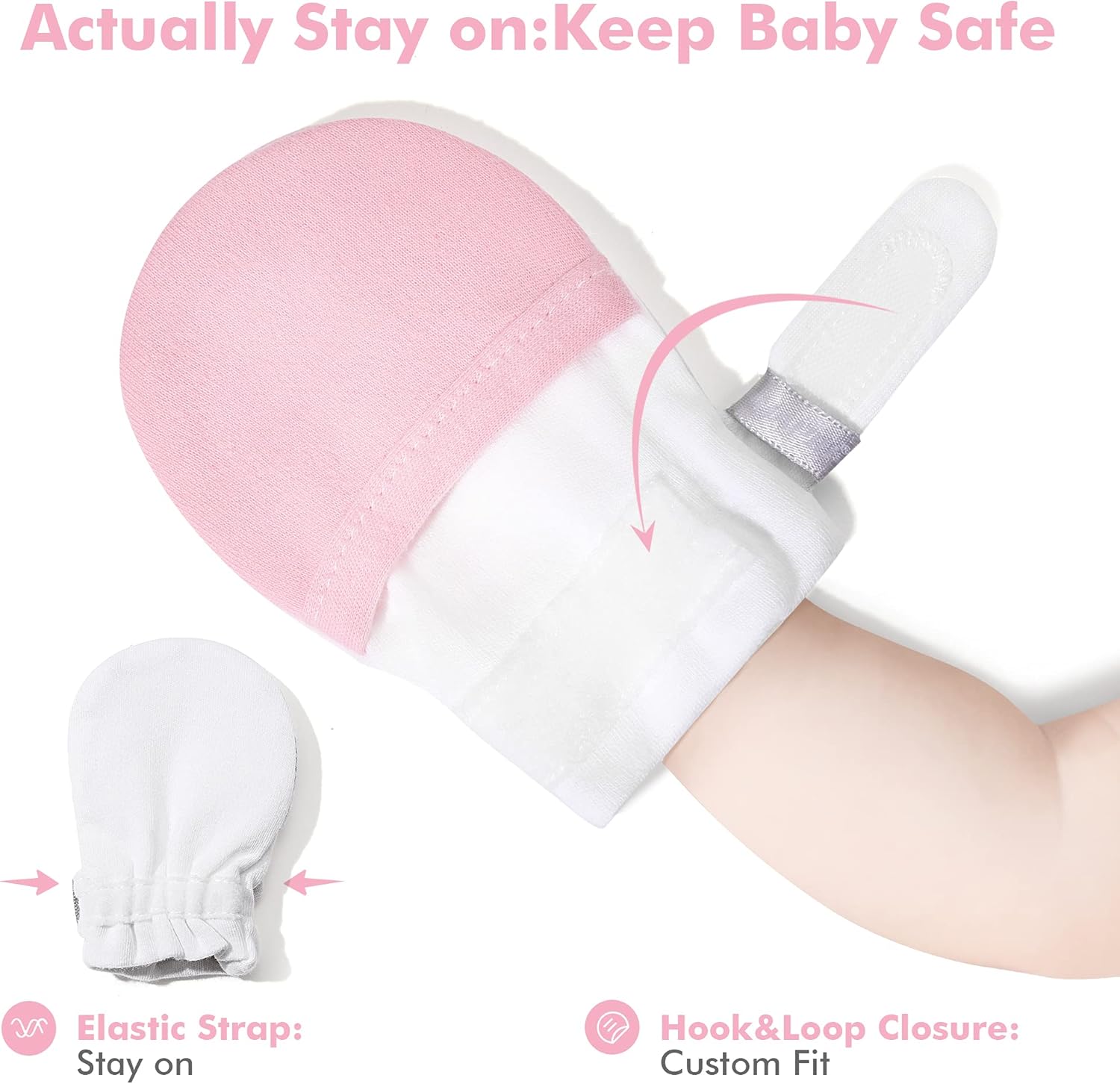 HAPIU Baby No Scratch Mittens Stay On, 100% Cotton Breathable, Adjustable Infant Gloves for Boys Girls, Newborn - 12 M