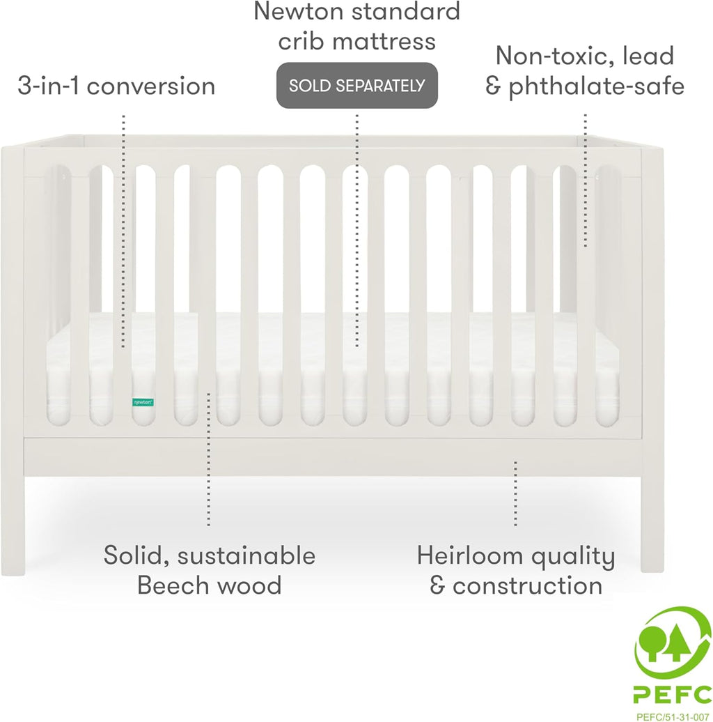 Newton Baby Galileo Standard Crib, Solid Beech Wood in White Color, 3-in-1 Convertible Crib with Toddler Bed Conversion Kit, Ultra-Safe Non-Toxic Finish