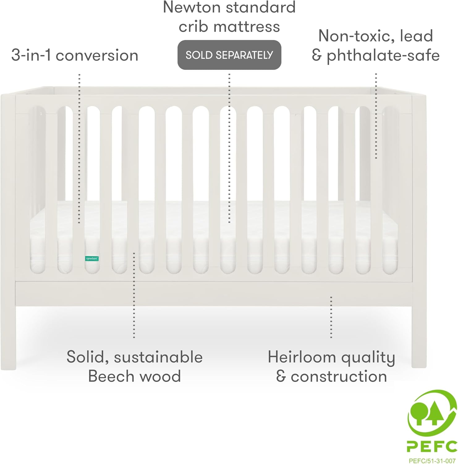 Newton Baby Galileo Standard Crib, Solid Beech Wood in White Color, 3-in-1 Convertible Crib with Toddler Bed Conversion Kit, Ultra-Safe Non-Toxic Finish