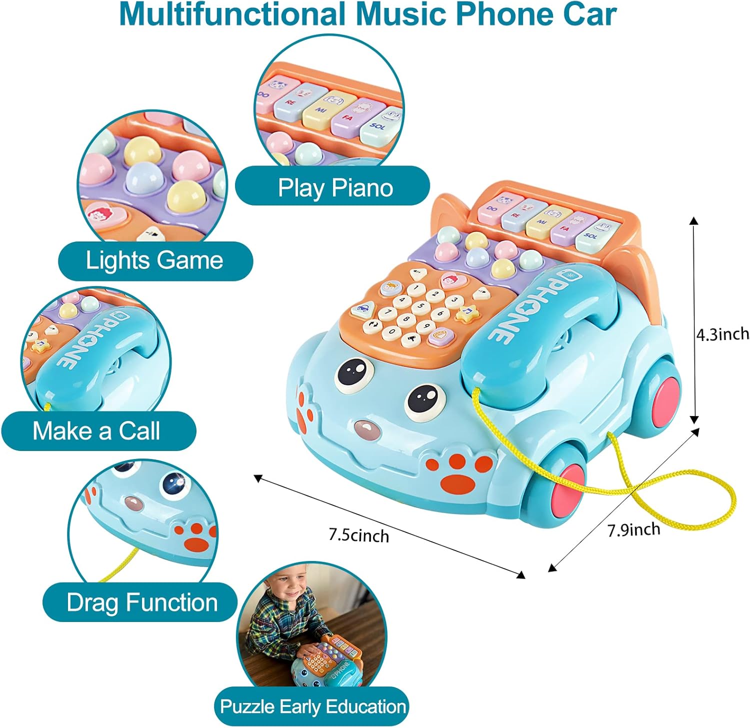 Baby Phone Toy,Baby Toy Phone Cartoon Baby Piano Music Light Toy Children Pretend PhoneToy Gift Game Boy Girl Early Education Gift Blue (18 M+)