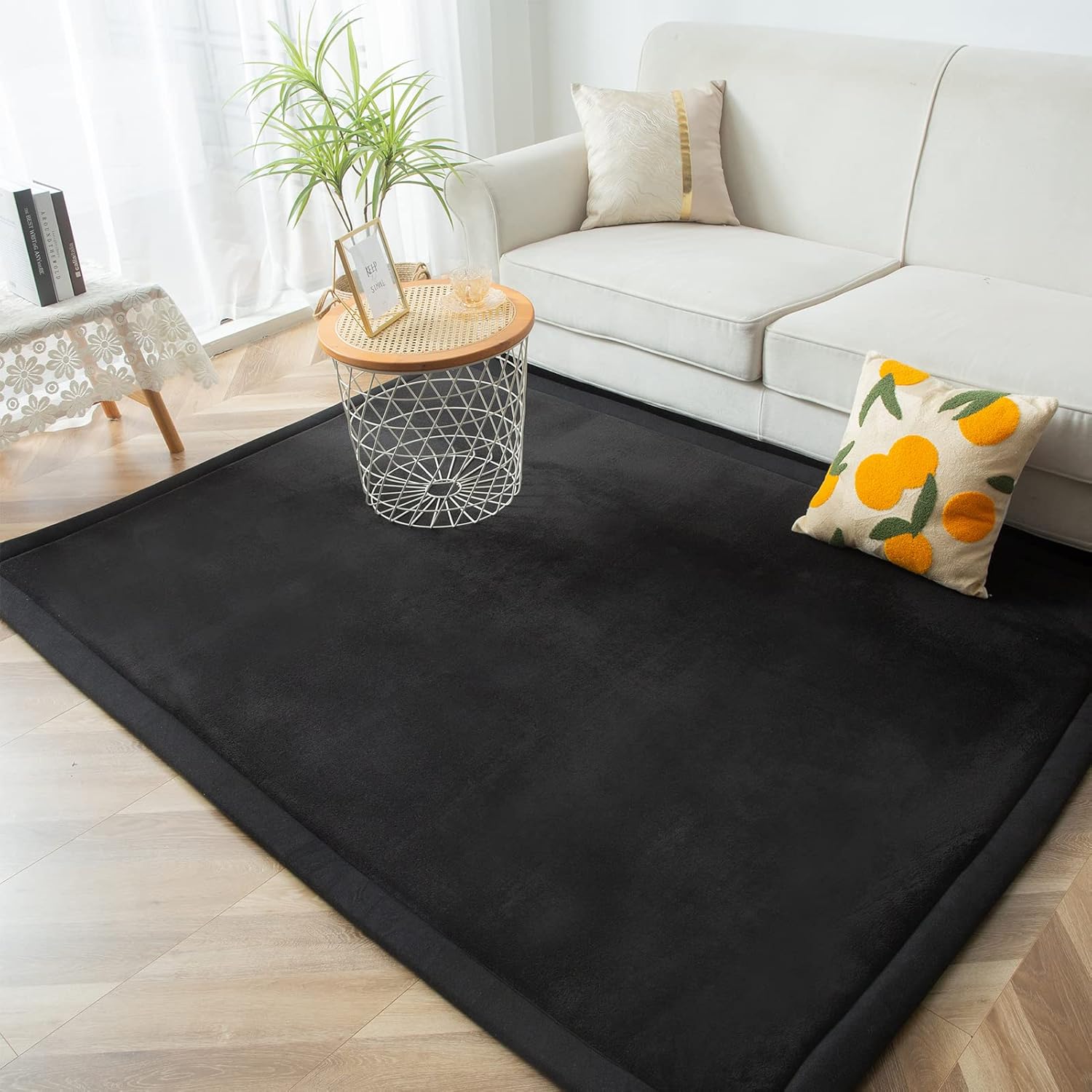 MAXYOYO Black Coral Velvet Area Rug, Thick Japanese Tatami Mat Living Room Carpet with Non-Slip Backing, Large Solid Color Mat for Bedroom Dormitory Yoga, 78 by 158 inch