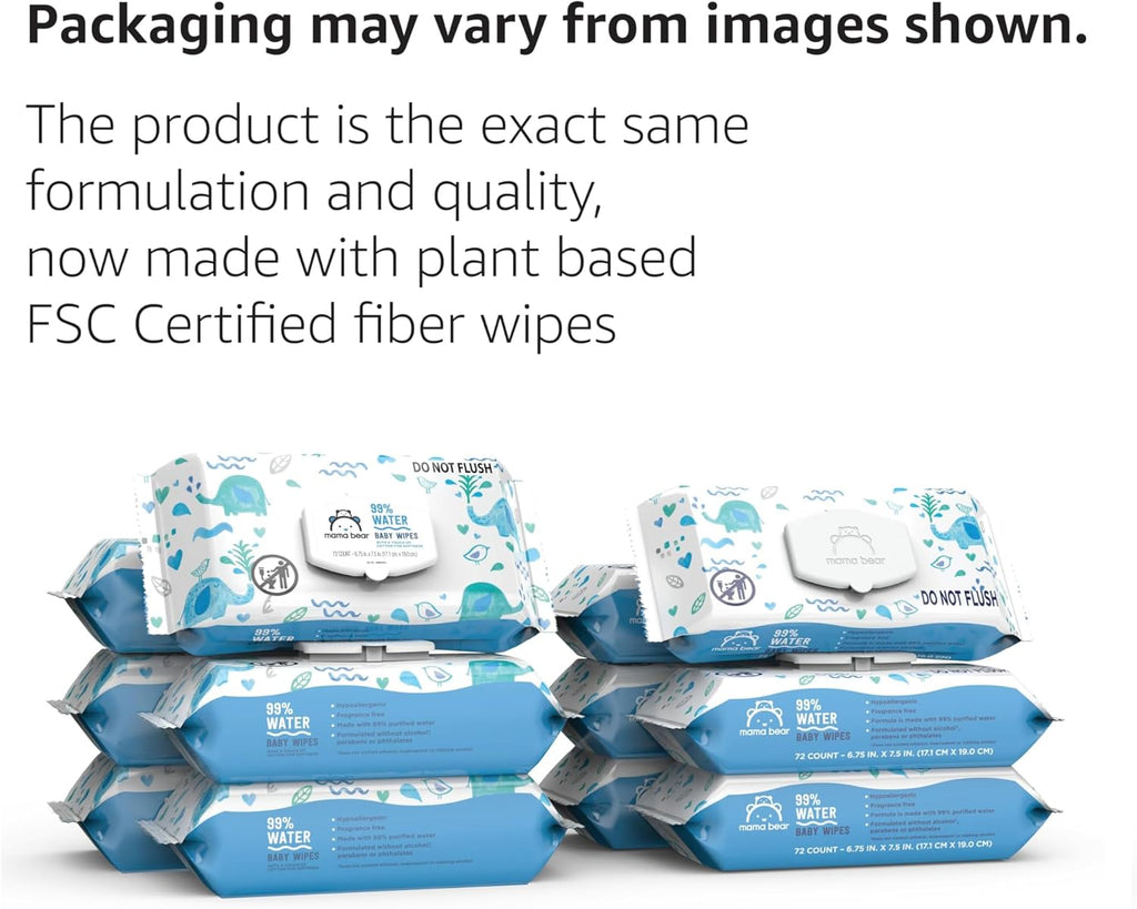 Amazon Brand - Mama Bear 99% Water Baby Wipes, Hypoallergenic, Fragrance Free, 72 Count