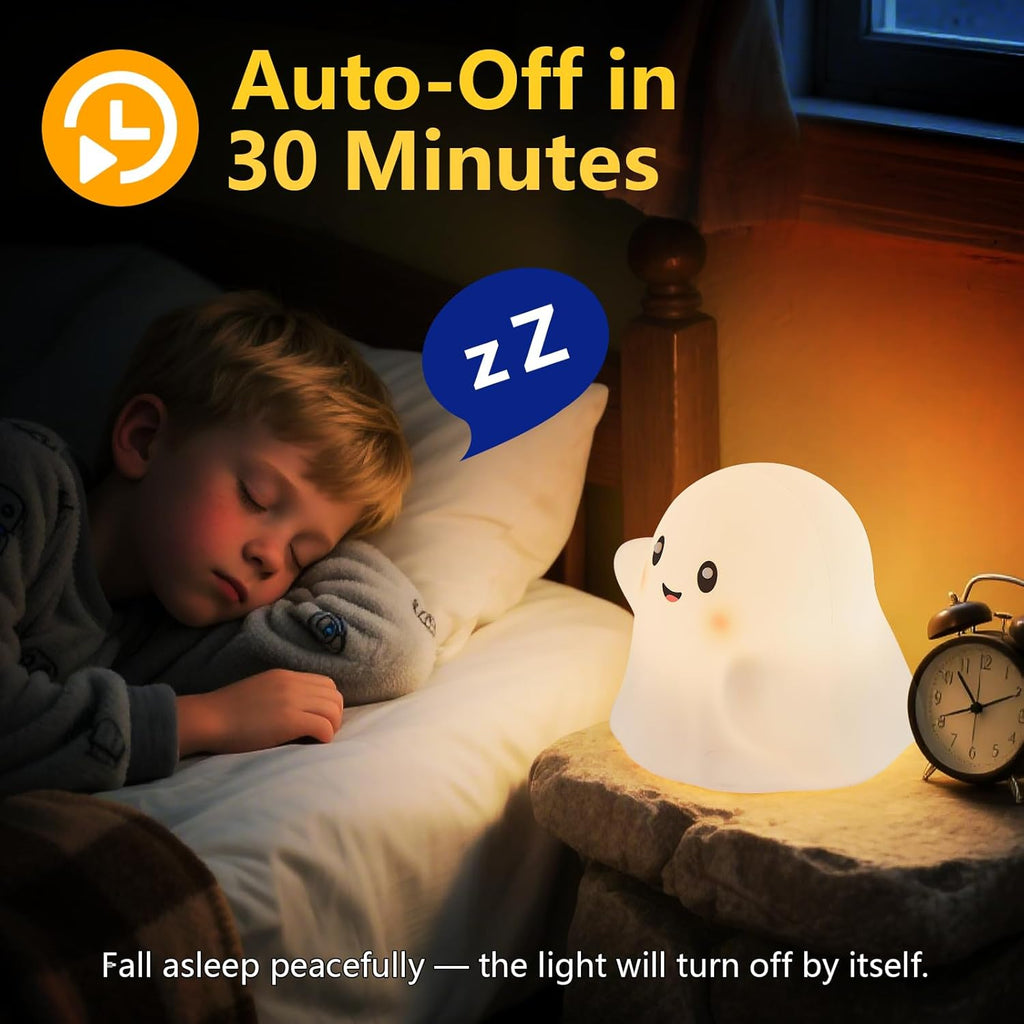 Halloween Cute Ghost Night Light for Kids-Touch+Squishy Silicone+2700k Eye-Safe LED+Fun Sounds,30-Min Timer,Dimmable,Nursery/Bedside/Bedroom Light - Gift for Boys&Girls&Baby&Toddler Cut Ghost Light
