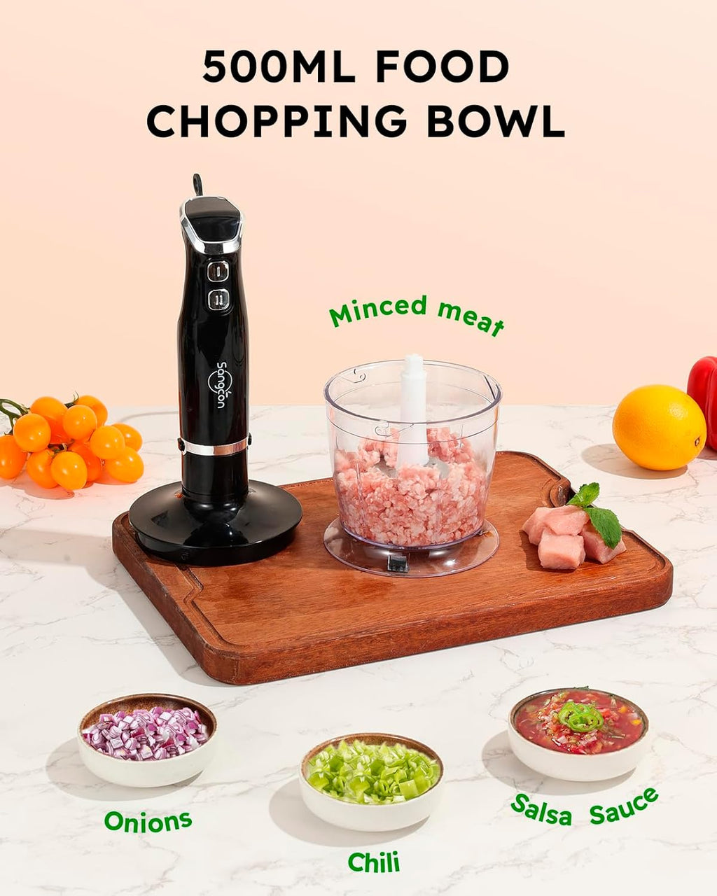 Sangcon 6-in-1 Immersion Blender Handheld, Hand Blender with Chopper & 34oz Blending Cup Storage Base, 2-Speed Adjustable Stick Blender,Stainless Steel Blades, Detachable Blender, Whisk, Milk Frother