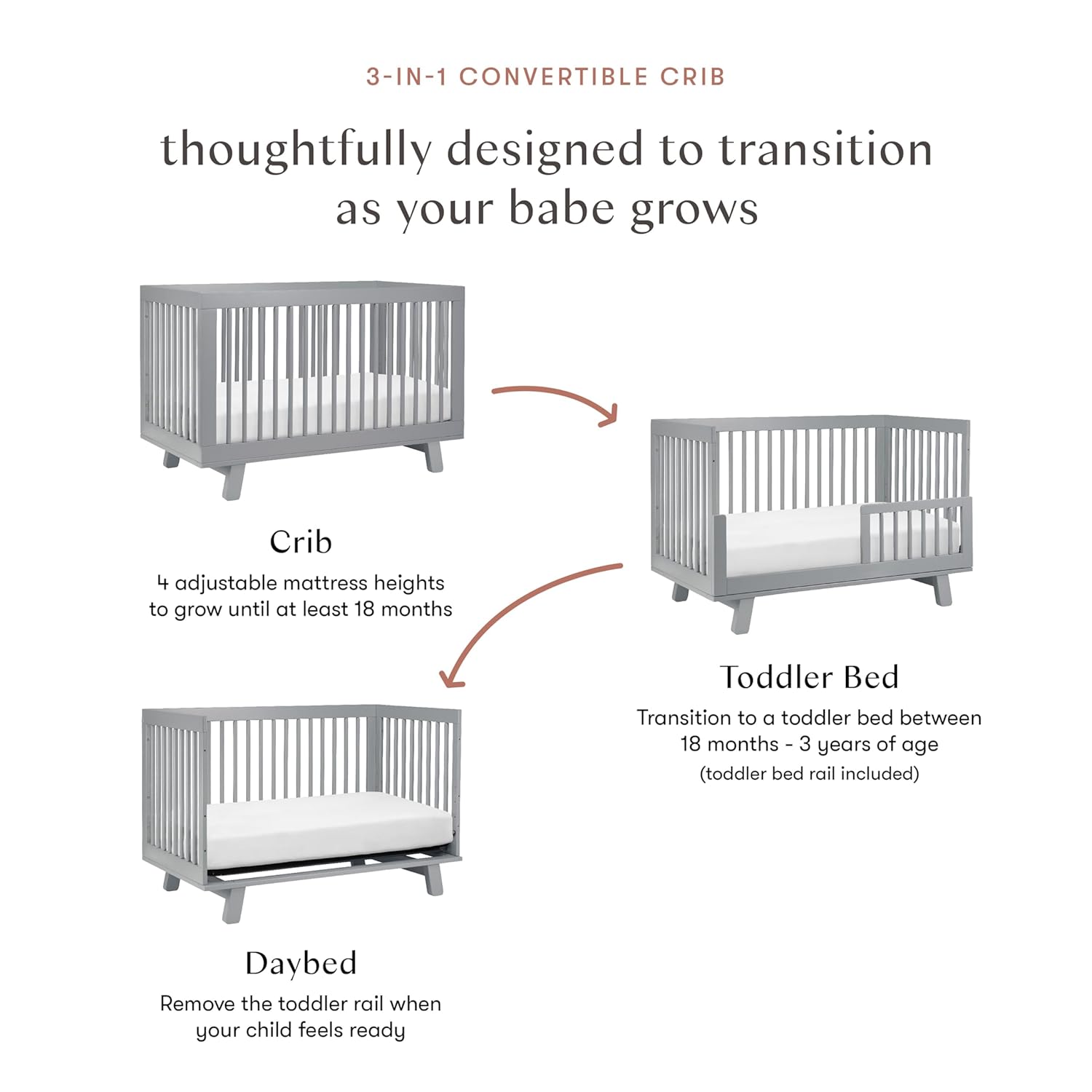 Babyletto Hudson 3-in-1 Convertible Baby Crib - GREENGUARD Gold Certified Convertible Crib to Toddler Bed & Daybed - Wooden Baby Bed with 4 Adjustable Mattress Heights - Strong & Easy Assembly - Grey