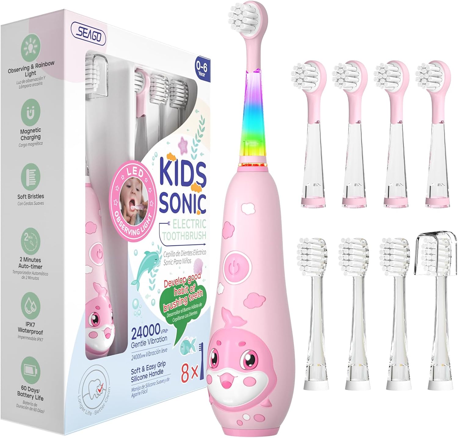 SEAGO Kids Electric Toothbrushes Rechargeable, Toddler Electric Toothbrush with Magnetic Charging, LED Observing Light, 8 Toothbrush Heads for Ages 2-4-6 Boys Girls (Pink)