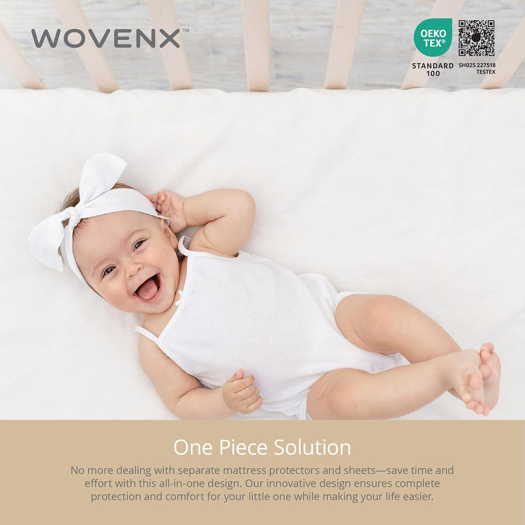 Organic All in One Crib Sheet and Mattress Protector - Waterproof Protectors - Reusable Washable – Fits Cribs – 52”x28”- with 9” Skirt White