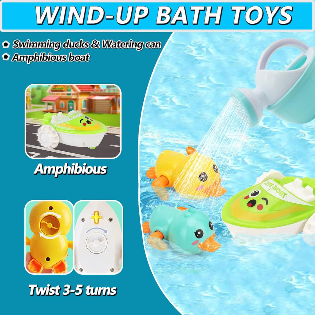 No Hole Bath Toys for Babies 0-6-12 Months+, Wind-up Swimming Ducks & Boat Bath Toys for Kids Ages 1-3, Baby Pool Toys Fishing Net Water Toys Watering Can, Toddler Bath Toys for 1+ Year Old Boy Girl