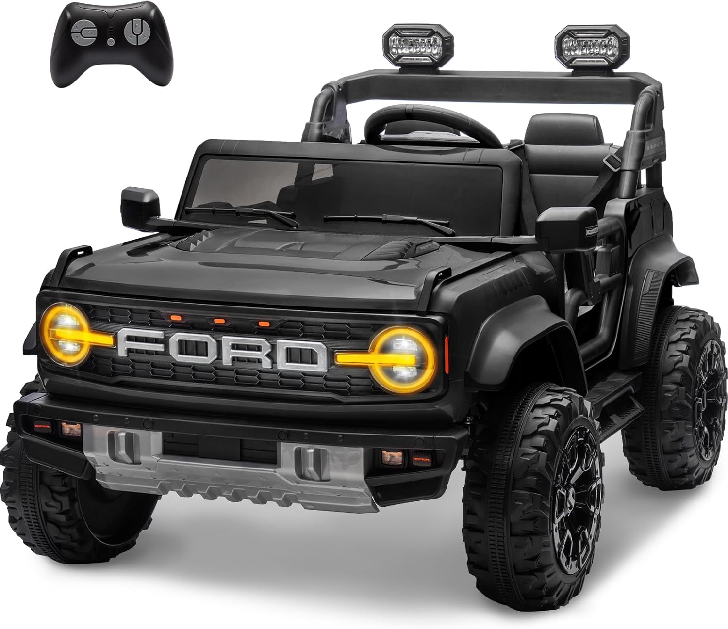 ENYOPRO 24V Licensed Ford Bronco Raptor Electric Car for Kids, 2 Seater Battery Operated Ride On Truck Toys with Remote Control, 4-Wheel Suspension, Bluetooth, Radio, LED Lights, 3 Speed - Black