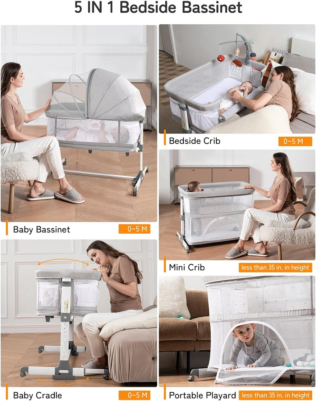 besrey 5 in 1 Baby Bassinet Bedside Sleeper, Playpen with Bassinet & Baby Cradle, Adjustable Bedside Crib for Newborn Infant with Mobile Toy Hanger, Hanging Diaper Bag, Mosquito Net, Mattress