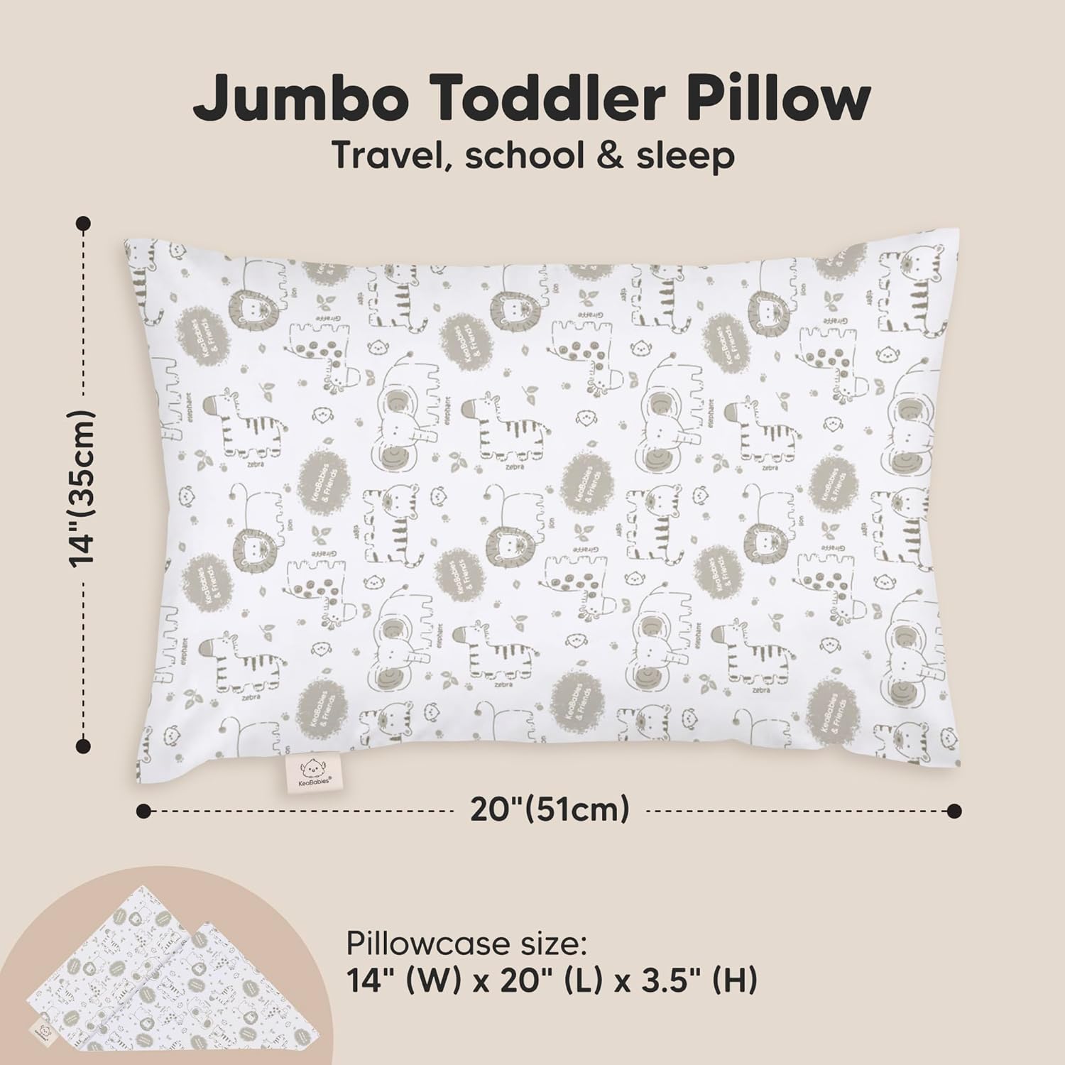 KeaBabies Toddler Pillow with Pillowcase, Jumbo 14X20 - Soft Organic Cotton Toddler Pillows for Sleeping - Machine Washable - Perfect for Travel, Toddler Bed Set (KeaSafari)