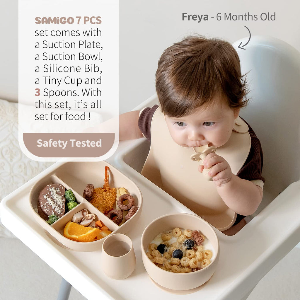 SAMiGO Silicone Baby Feeding Set, Suction Plate Bowl Set, Self Feeding Spoons, Bib, Cup, Baby Led Weaning Supplies, First Stage Feeding Essentials, Food Eating Utensils, 6+ Months