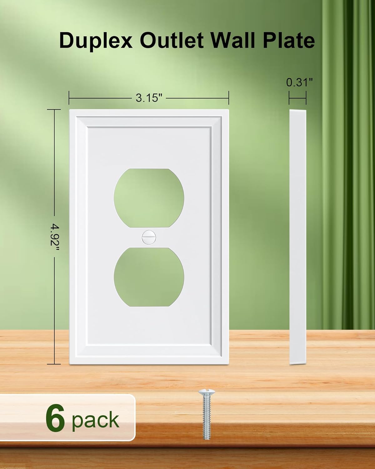 6-Pack Duplex Outlet Cover, Natural Bamboo Fiber Switch Plates and Outlet Covers, White Decorative Wall Plates for Electrical Outlets, 1 Gang Receptacle Cover, Corrosion Resistant