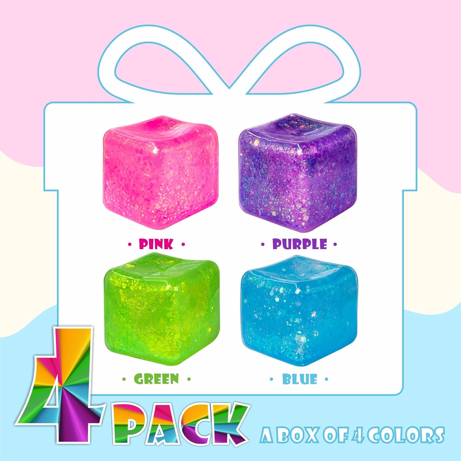 4Pack Glitter Squishy Cube Square Nice Stress Cube Slow Rise Glitter Stress Balls for Adults, Malt Sugar Stress Balls, Sensory Fidget Toys Gel Ice Cube Squishy‘s - Relieve Anxiety/Autism/ADD/ADHD