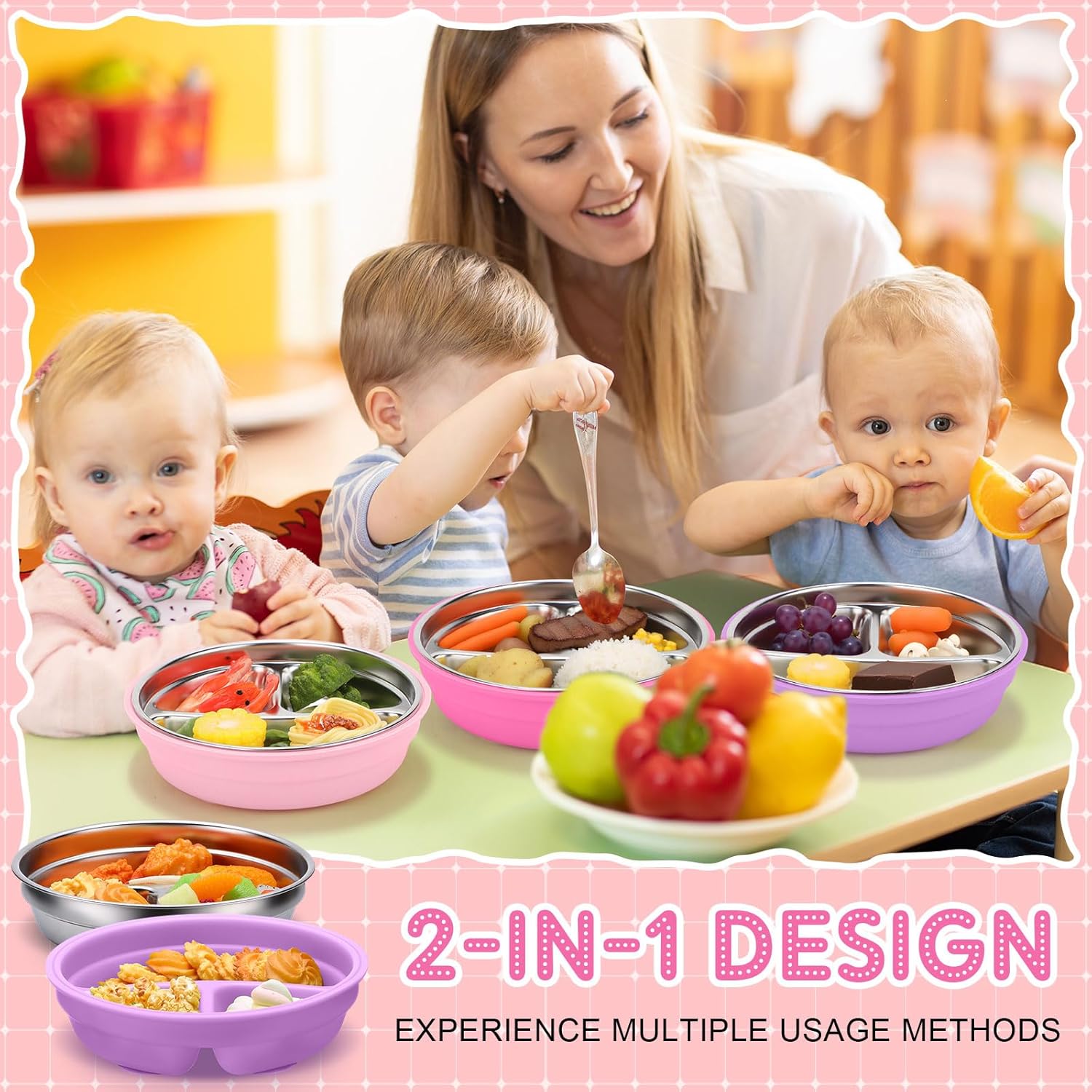 Nuogo 3 Pcs Stainless Steel Baby Suction Plates with Removable Silicone Shell 2-in-1 Metal Toddler Bowl Divided for Picky Eaters Kid Feeding Led Weaning Supply, Dishwasher Safe (Red Series)