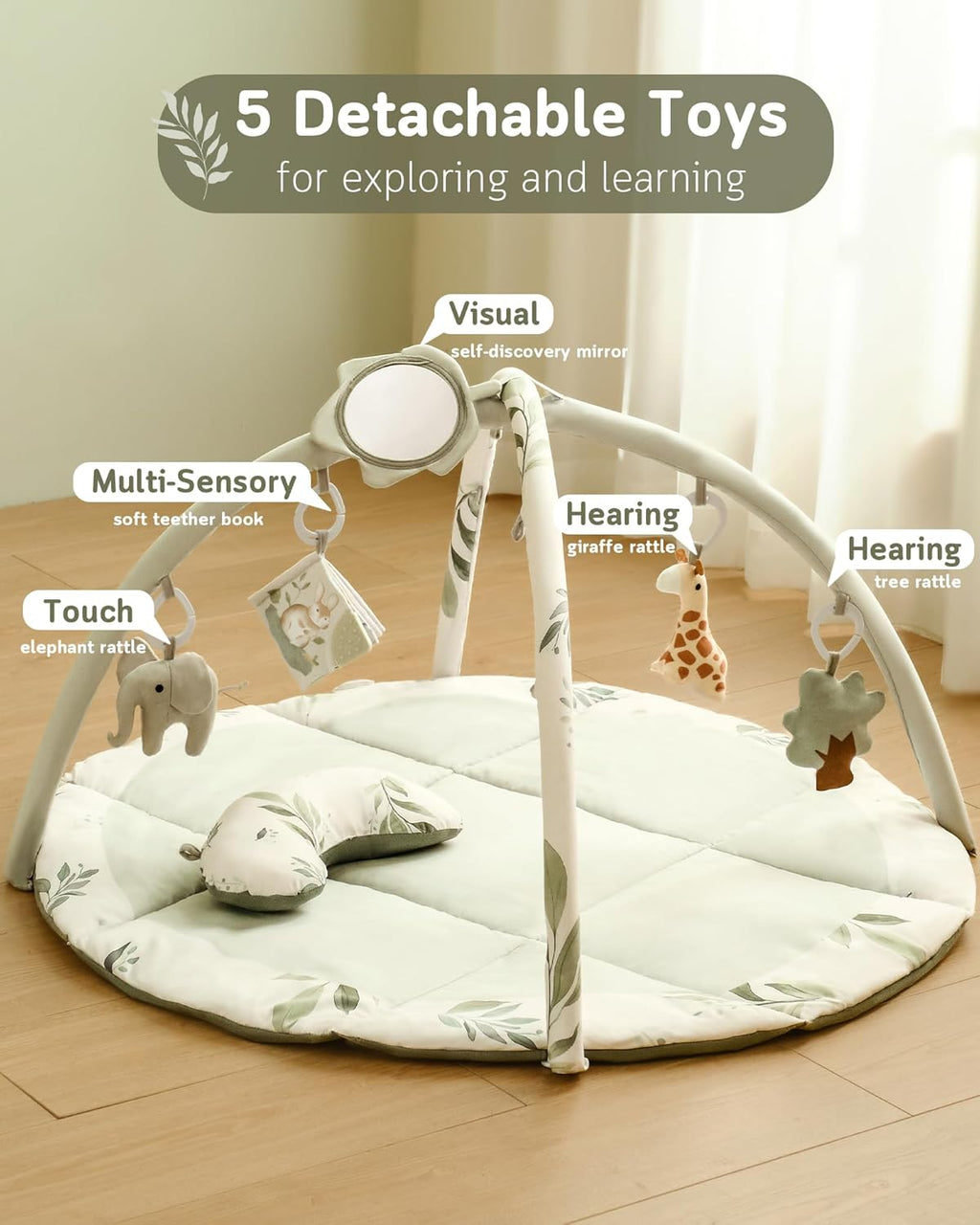 Fortella Baby Play Gym & Activity Mat, Tummy Time Mat w 5 Detachable Toys and Pillow, Large Sensory Playmat for Floor, Newborn Infant Baby Essentials Shower Gift 0-3-6-9-12 Months (Sage Green)