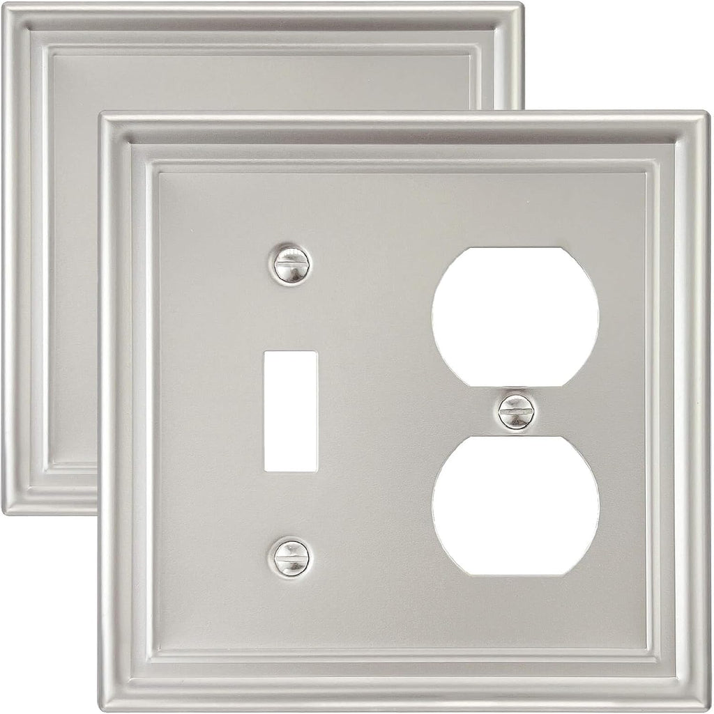 2-Pack Combination 1 Toggle/1 Duplex Wall Plate, Metal Switch Plate and Outlet Cover, Satin Nickel, Midsize, A035 Series
