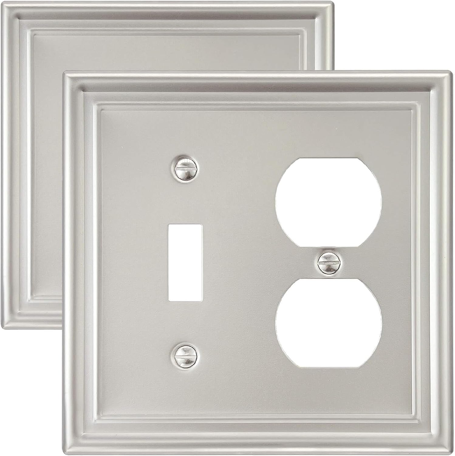 2-Pack Combination 1 Toggle/1 Duplex Wall Plate, Metal Switch Plate and Outlet Cover, Satin Nickel, Midsize, A035 Series