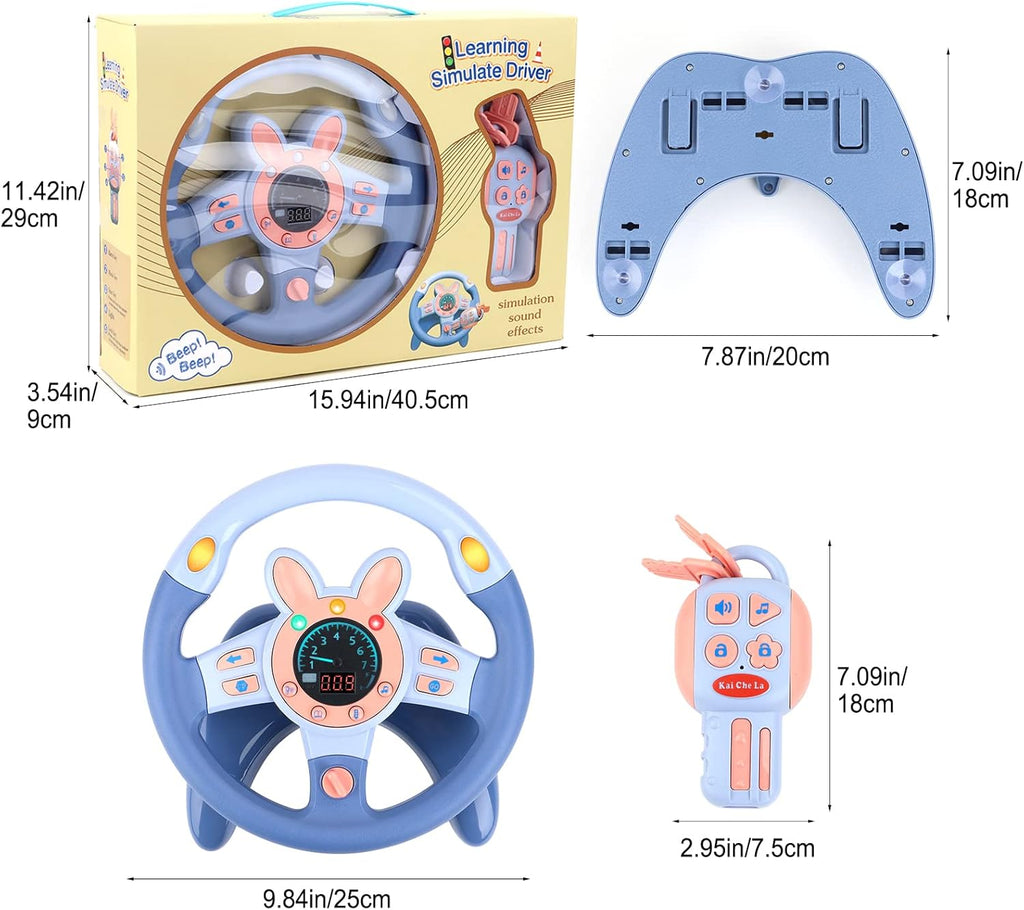 deAO Kids Steering Wheel for Backseat with Key Baby Toys Pretend Driving Simulated Steering Wheel Toy with Light and Music Gifts for Kids Toddlers Blue