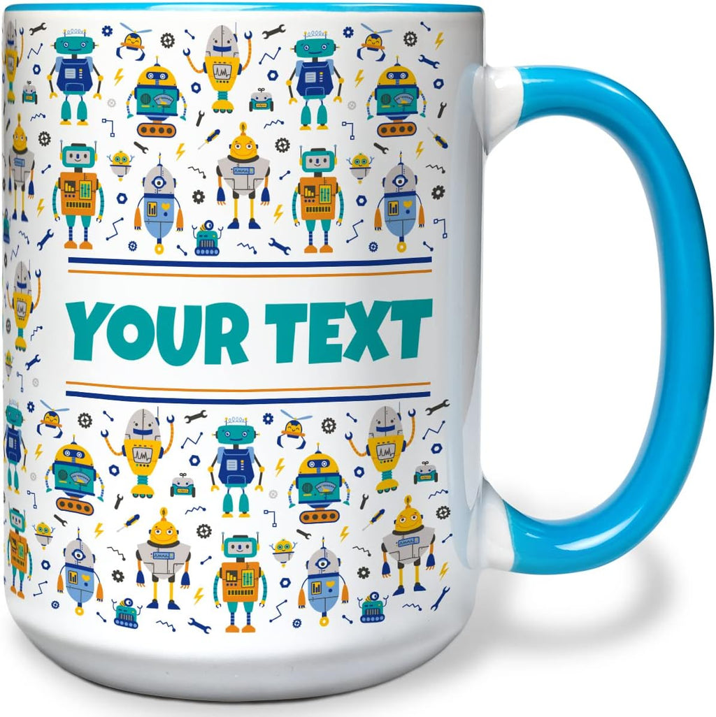 Personalized Mug for Kids - Robots - Custom Name/Text, Ceramic Hot Chocolate/Cocoa/Coffee Cup for Boys, Birthday/Christmas/Holiday Gift - 15 oz, Light Blue Handle