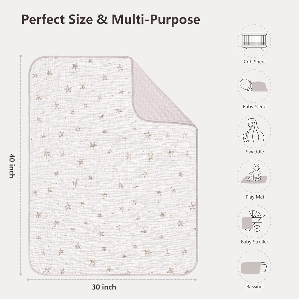 Susurration Baby Blanket for Unisex Boys Girls, Soft Nursery Minky Blanket with Muslin Cotton Front and Dotted Fleece Back, Receiving Blanket for Baby Newborn Infant, 30x40inch (Beige Star)