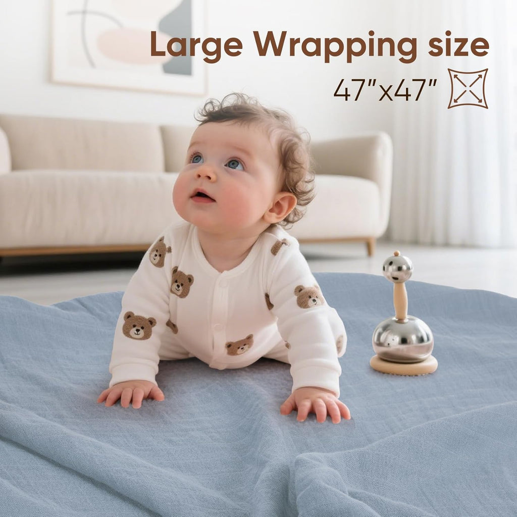 Muslin Swaddle Blankets, Nursery Receiving Blanket for Newborn, Baby Swaddle Wrap Soft Silky & Breathable, 3 Packs, 47 X 47In (White & Blue 3 Pieces)