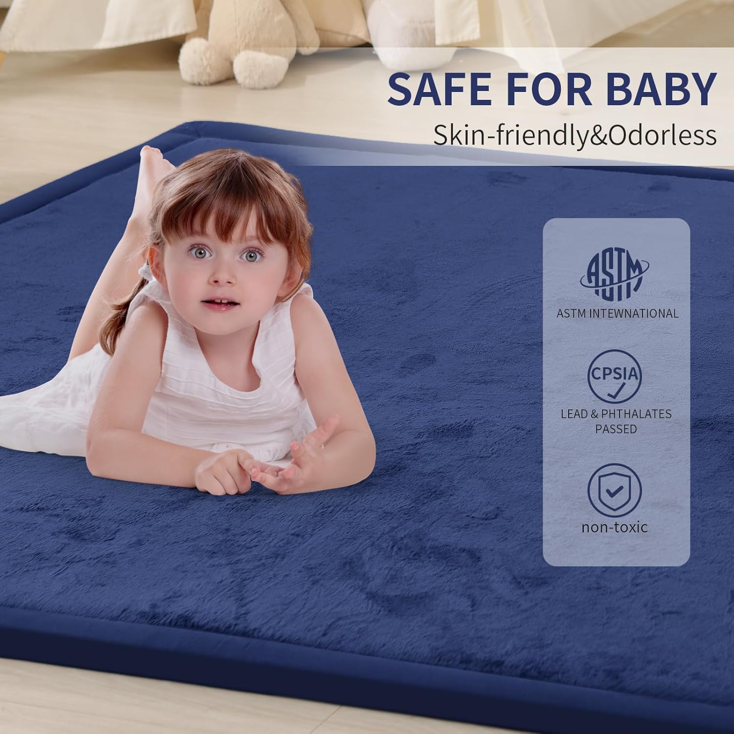 ACOMOPACK Baby Play Mat for Floor 1.3" Thick Memory Foam Play Mat 39"×59" Tummy Time Crawling with Non-Slip Bottom for Living Room,Nursery,Soft Velvet Playpen Mats for Kids,Infants（Royal Blue）