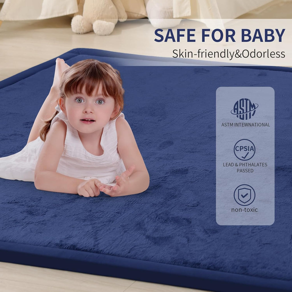ACOMOPACK Baby Play Mat for Floor 1.3" Thick Memory Foam Play Mat 79"×157 Tummy Time Crawling with Non-Slip Bottom for Living Room,Nursery,Soft Velvet Playpen Mats for Kids,Infants（Royal Blue）