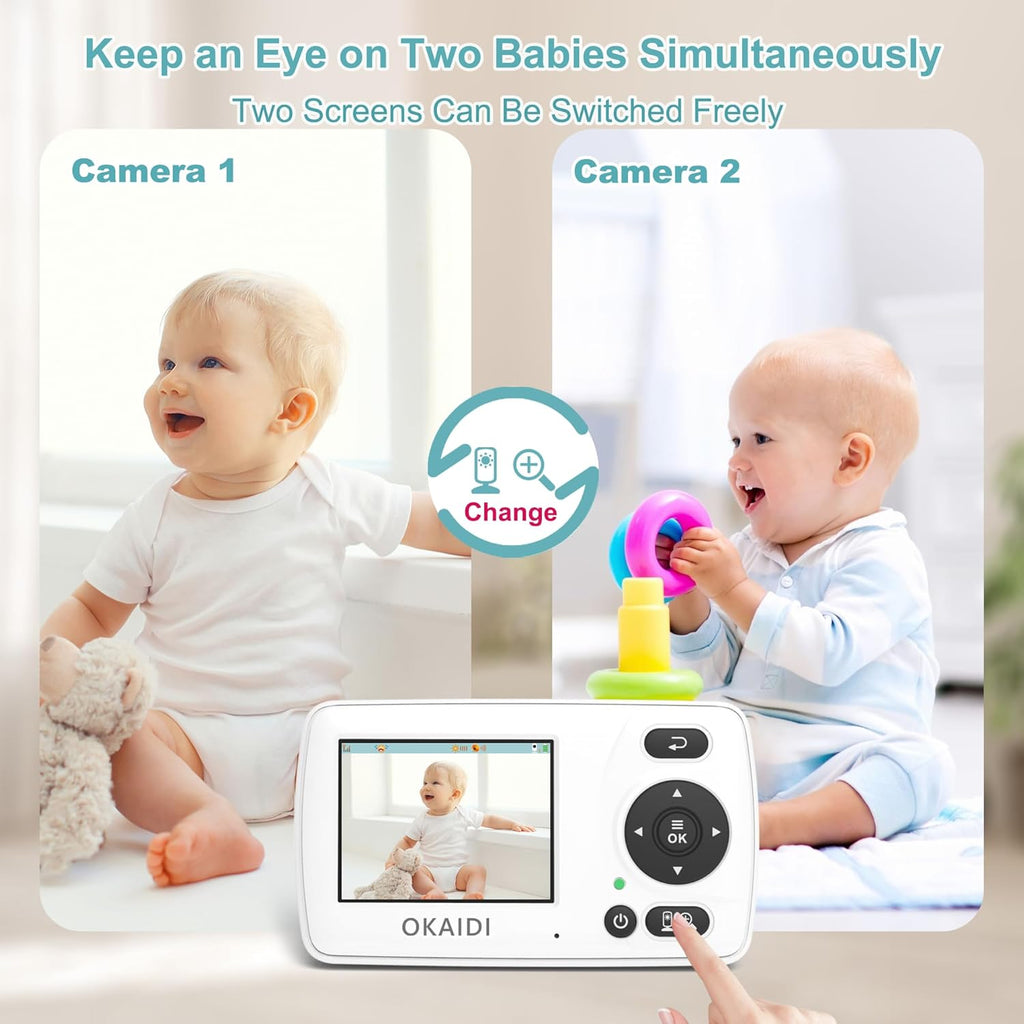 Video Baby Monitor with 2 Cameras, 2.4'' Portable Travel Screen, 1000ft Long Range Transmission, Baby Monitor No WiFi, Infrared Night Vision, VOX Mode