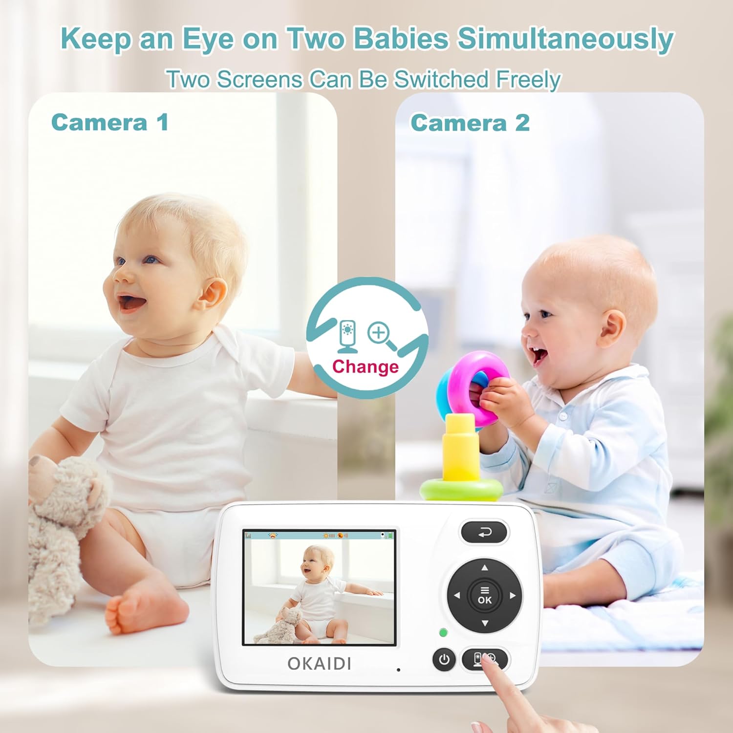 Video Baby Monitor with 2 Cameras, 2.4'' Portable Travel Screen, 1000ft Long Range Transmission, Baby Monitor No WiFi, Infrared Night Vision, VOX Mode