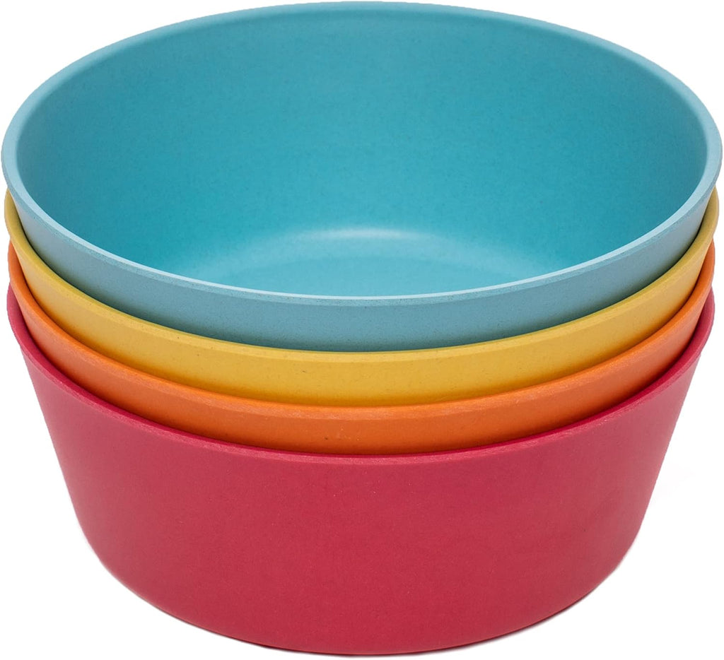 WeeSprout Bamboo Kids Bowls, Set of Four 10 oz Kid-Sized Dinnerware, Cereal, Leftovers & Snack Bowl, Dishwasher Safe (Blue, Yellow, Orange, & Red, 10 Oz)