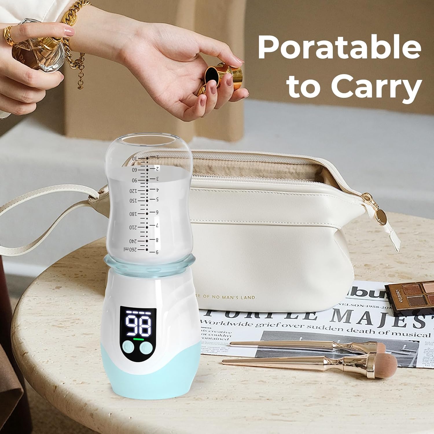 Portable Cordless Baby Bottle Warmer for Travel, Rechargeable with 8 Adapters & 1 Milk Powder Container, Safe Material, Fast Heating, Compatible with Major Brands,Blue
