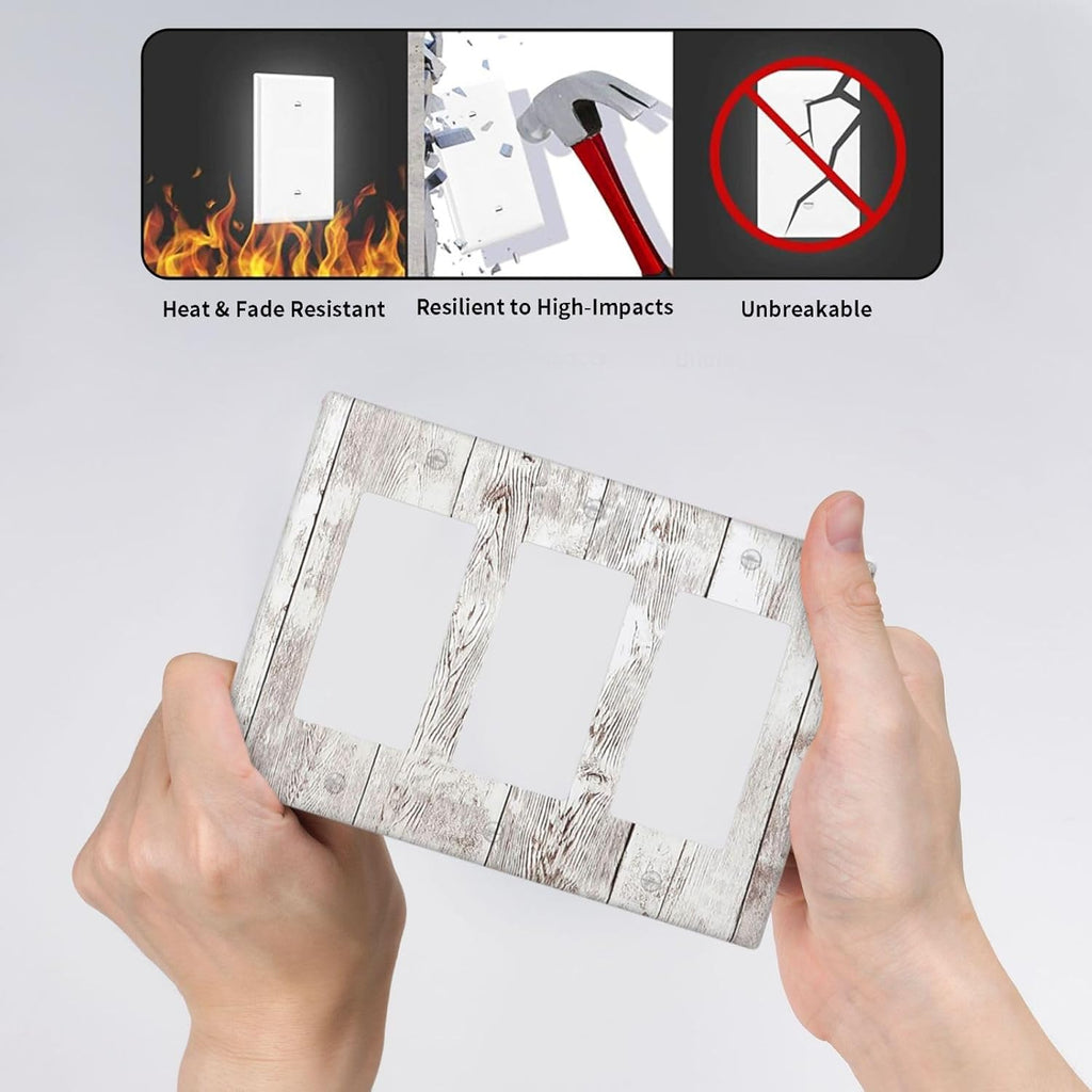 Light Switch Covers Rustic Vintage White Wood Grain 3 Gang Rocker Electrical GFCI Decorative Triple Outlet Wall Plate Cover Switchplate for Farmhouse Home Decor