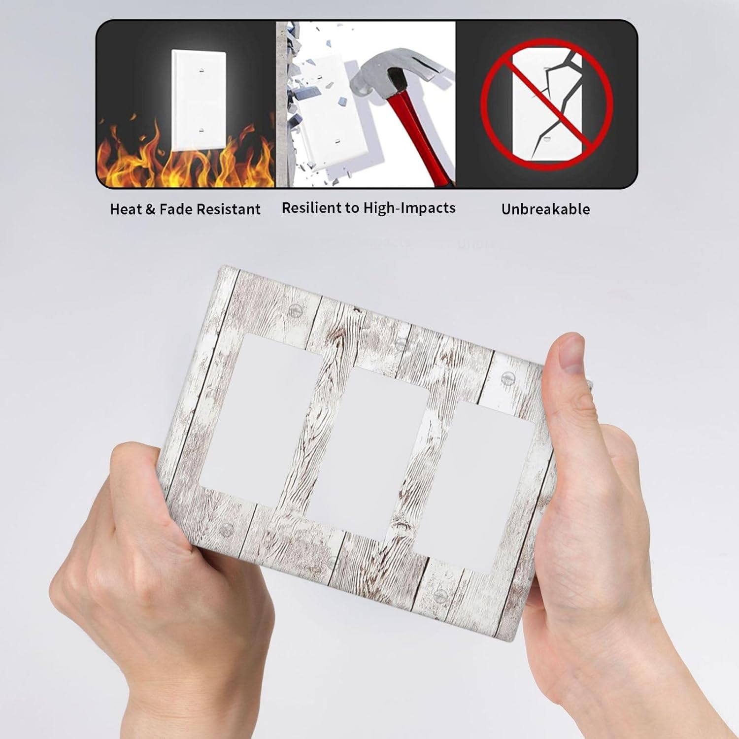 Light Switch Covers Rustic Vintage White Wood Grain 3 Gang Rocker Electrical GFCI Decorative Triple Outlet Wall Plate Cover Switchplate for Farmhouse Home Decor