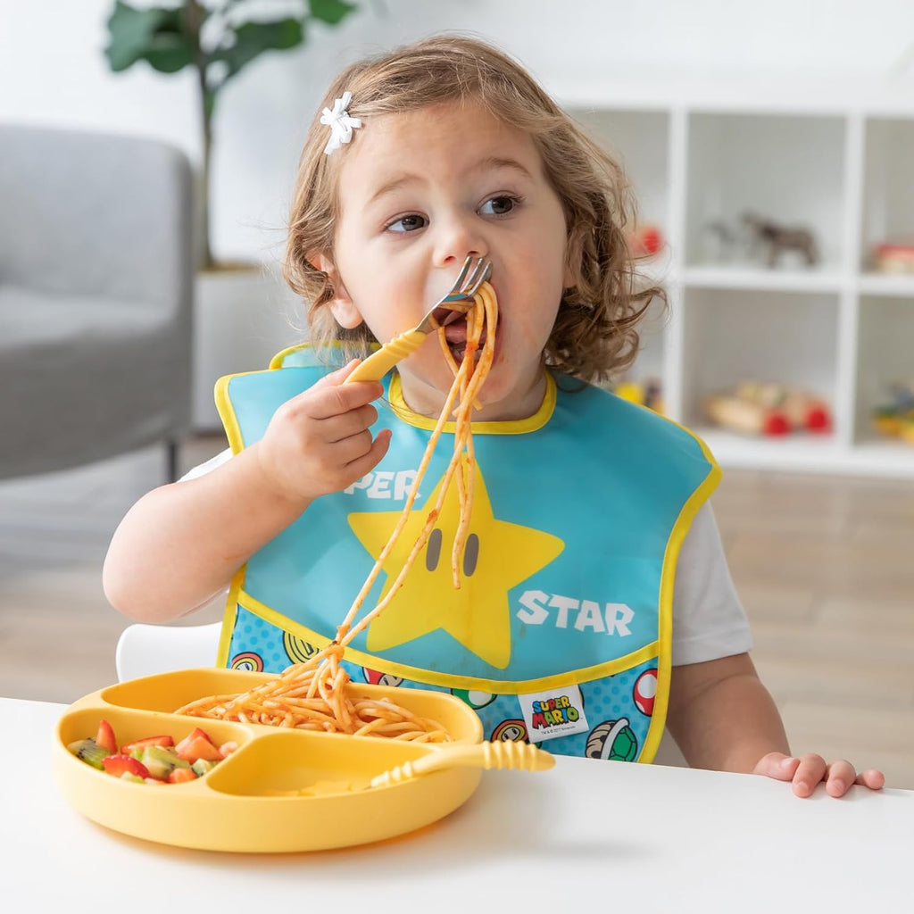 Bumkins Toddler Utensils, Kids Size Fork and Spoon Set, Silicone and Stainless-Steel Training Silverware, Angled Fork / Spork for Self-Feeding, Children Learning to Eat, 18 Mos Up, Pineapple Yellow